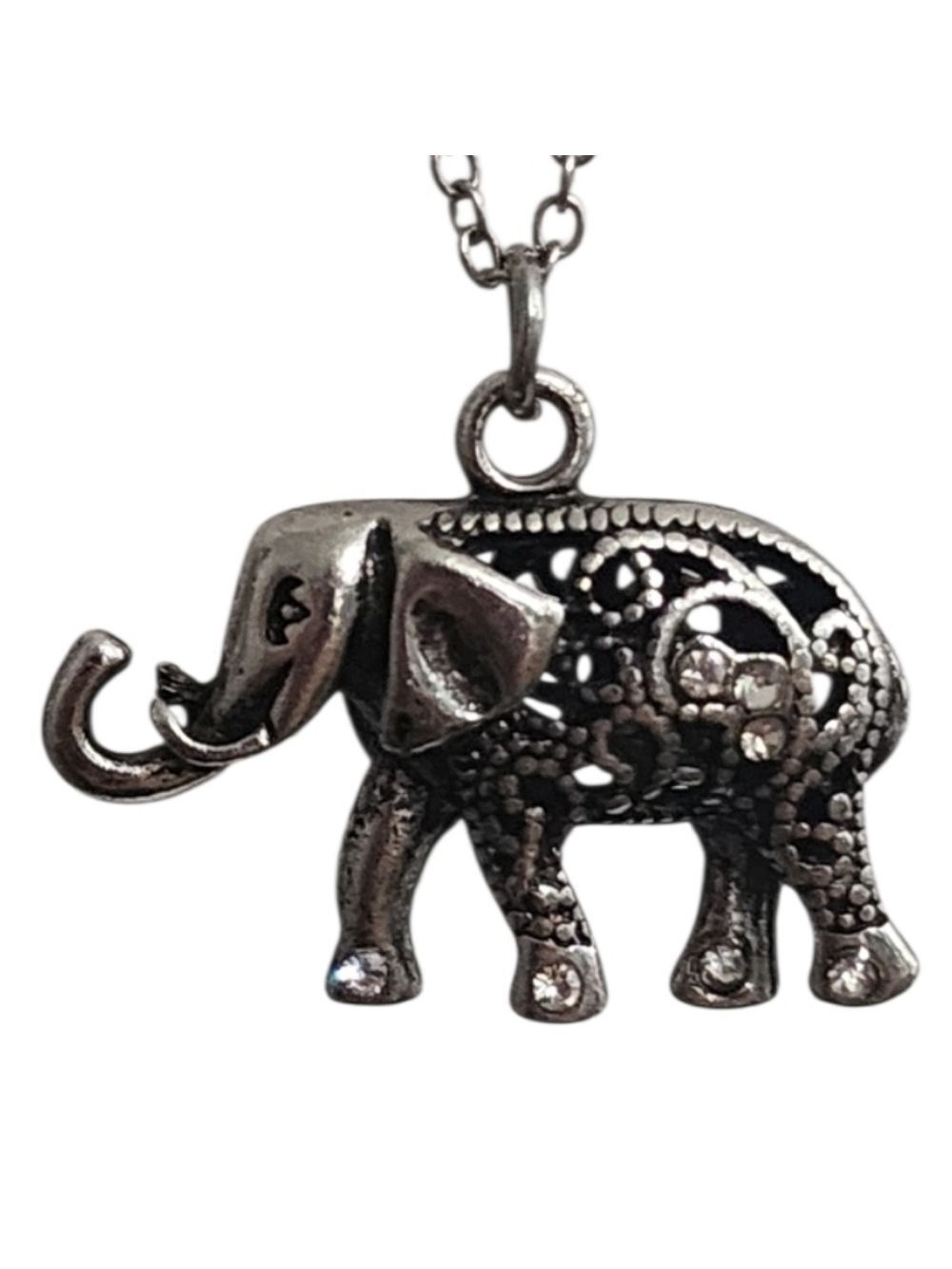 Silvertone Elephant Pendant Necklace Rhinestone - Picture 1 of 14